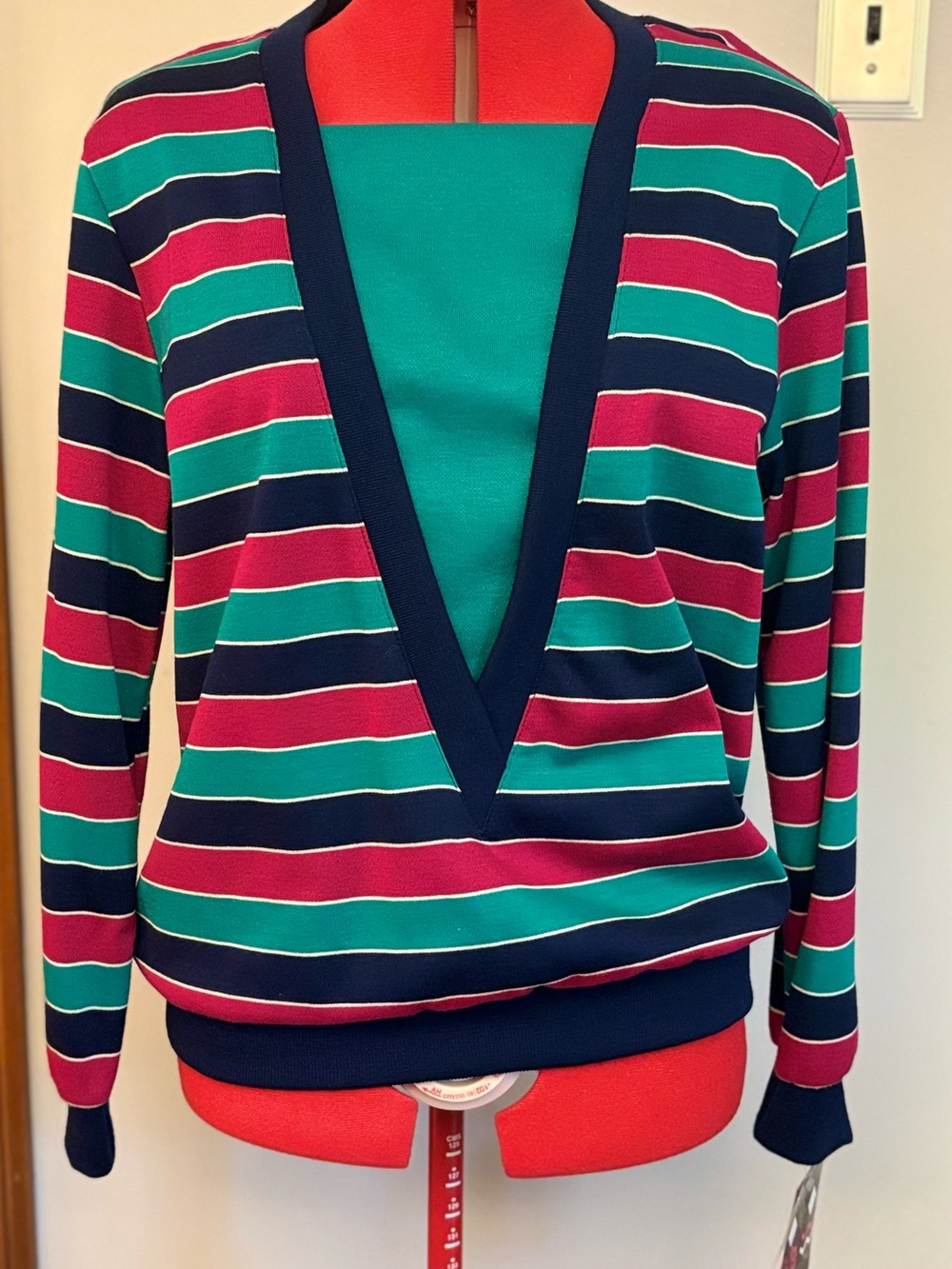 80’s -90’s Vintage Striped V-Neck Women’s Sweater - Teal, Navy & Pink- Medium NW